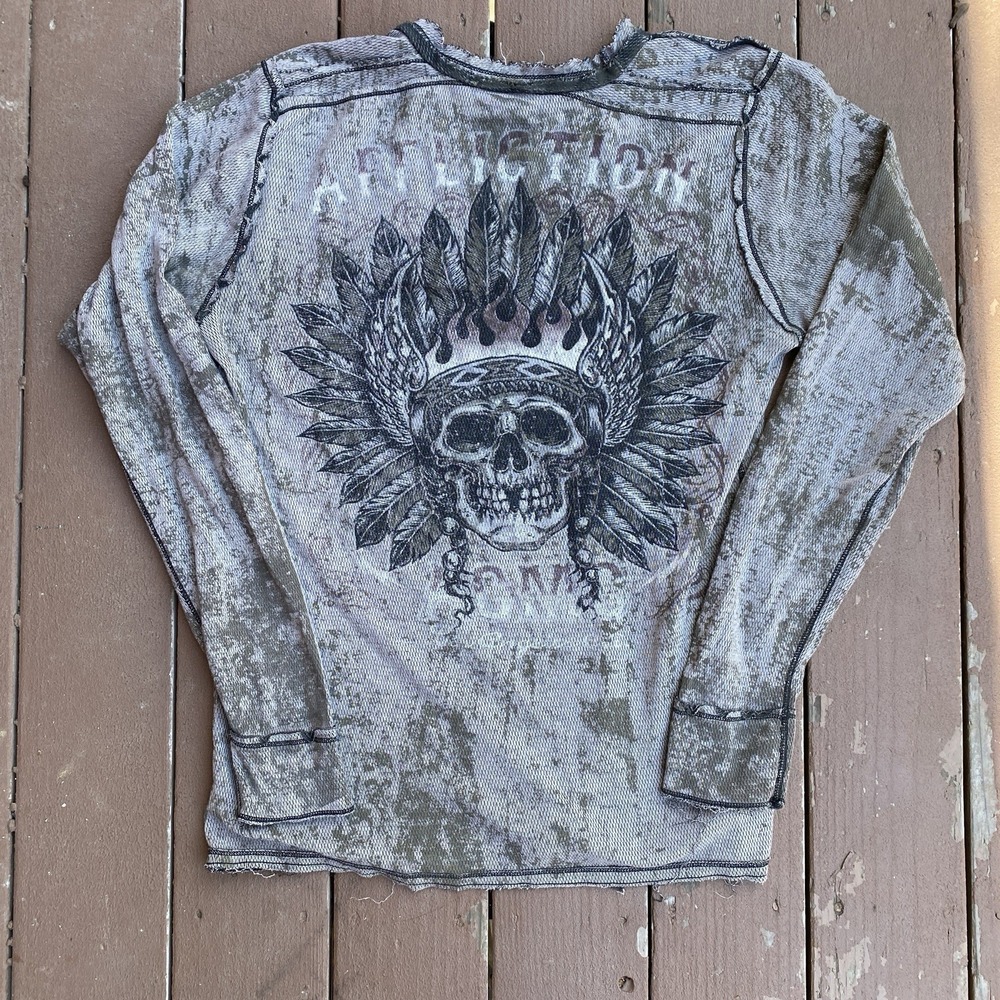 Vintage y2k AFFLICTION Reversible Thermal American Customs Skull Indian Chief XL